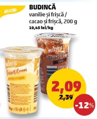 BUDINCĂ vanilie și frișcă / cacao și frișcă, 200 g
