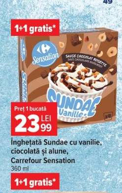 Înghețată Sundae cu vanilie, ciocolată și alune, Carrefour Sensation