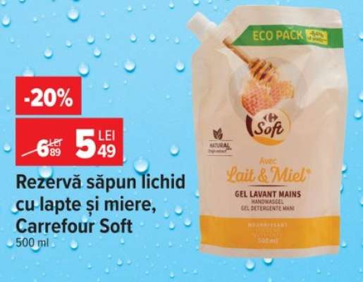 Rezervă săpun lichid cu lapte și miere, Carrefour Soft