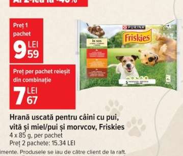 Hrană uscată pentru câini cu pui, vită și miel/pui și morcov, Friskies