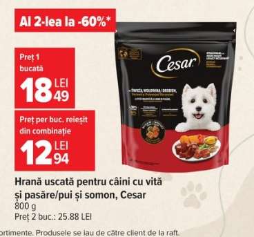 Hrană uscată pentru câini cu vită și pasăre/pui și somon, Cesar