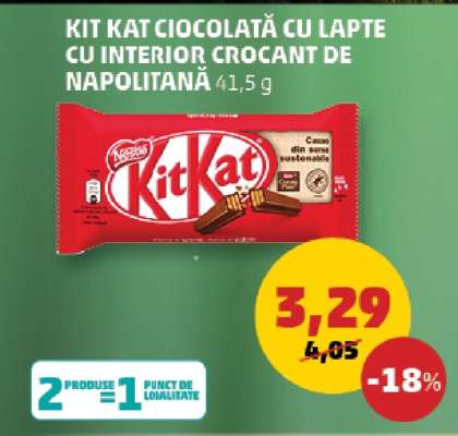 KIT KAT CIOCOLATĂ CU LAPTE CU INTERIOR CROCANT DE NAPOLITANĂ 41,5 g