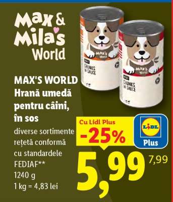 MAX'S WORLD Hrană umedă pentru câini, în sos