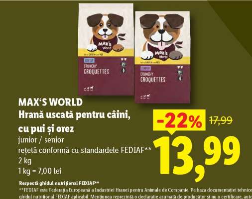 MAX'S WORLD Hrană uscată pentru câini, cu pui și orez