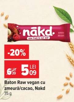 Baton Raw vegan cu zmeură/cacao, Nakd