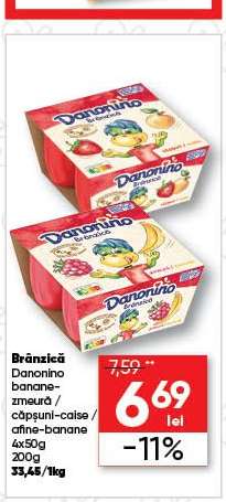 Brânzică Danonino banane-zmeură / căpșuni-caise / afine-banane
