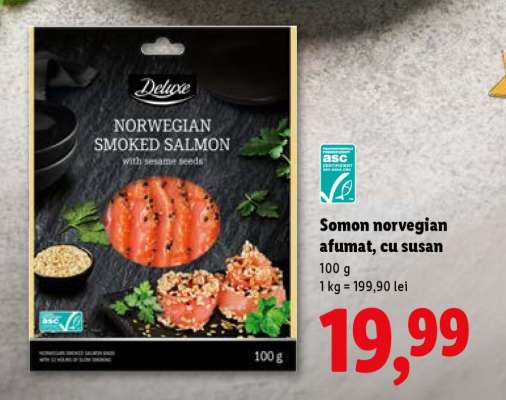 Somon norvegian afumat, cu susan